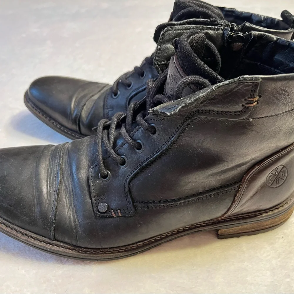 Bullboxer Black Leather Cap Toe Lace Up Ankle Boots Men’s EU 44 US 11 Side Zip