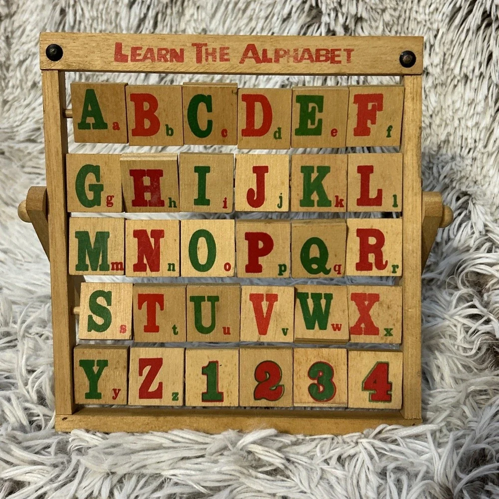 Vintage‎ LEARN THE ALPHABET Abacus Style Folding Wooden Turning Blocks Toy