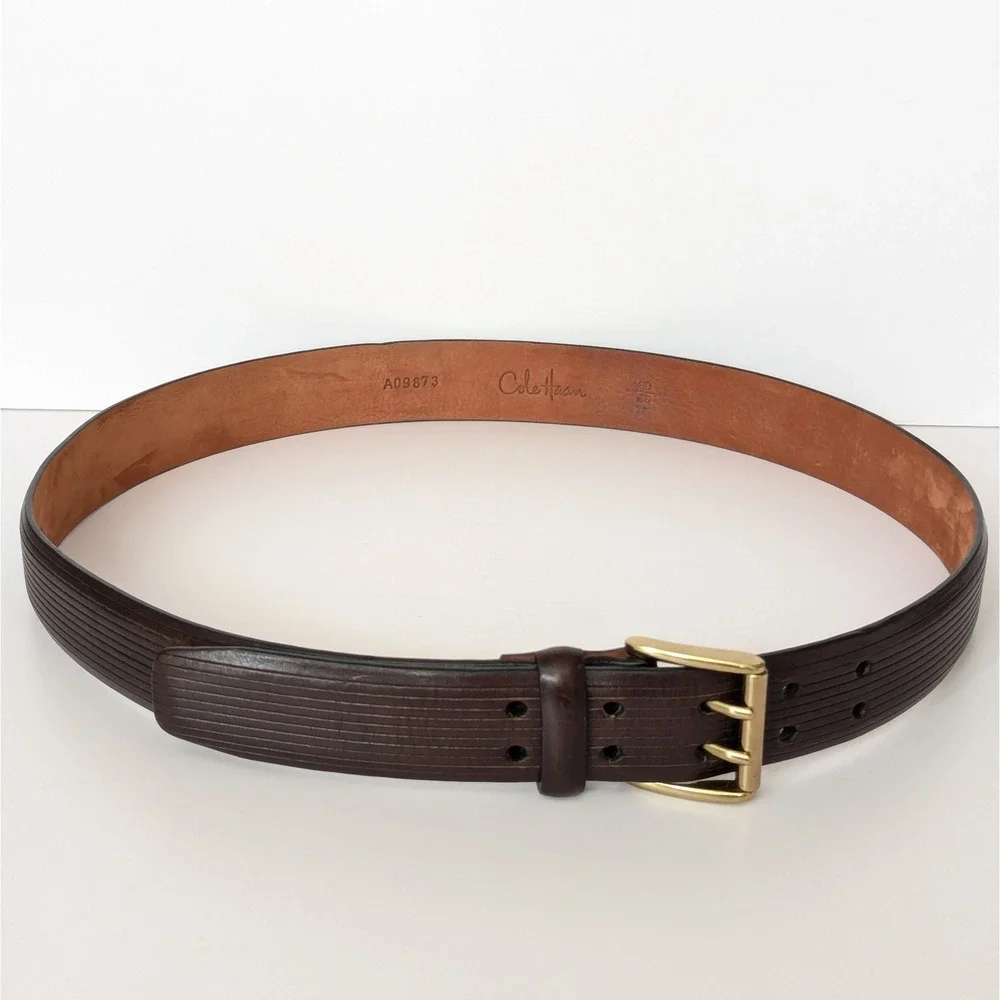 Cole Haan Mens 36 Brown Etched Leather Belt Solid Brass Buckle Double Prong