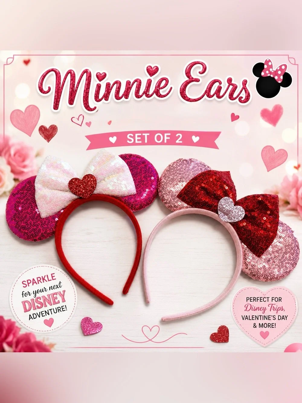 Minnie Mouse Ears Headbands | Pink & Red Sequin | Set of 2