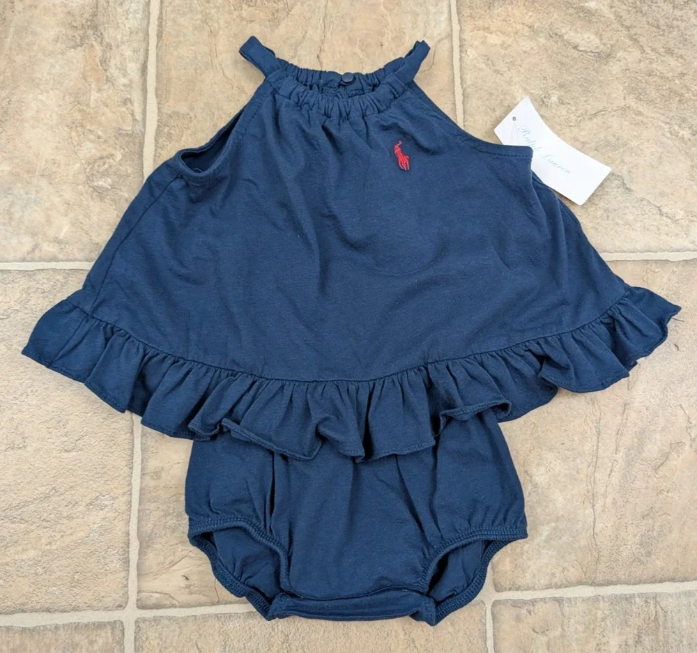 New Ralph Lauren baby girls sz 6M 1pc Summer Romper knit navy blue stretch 0899