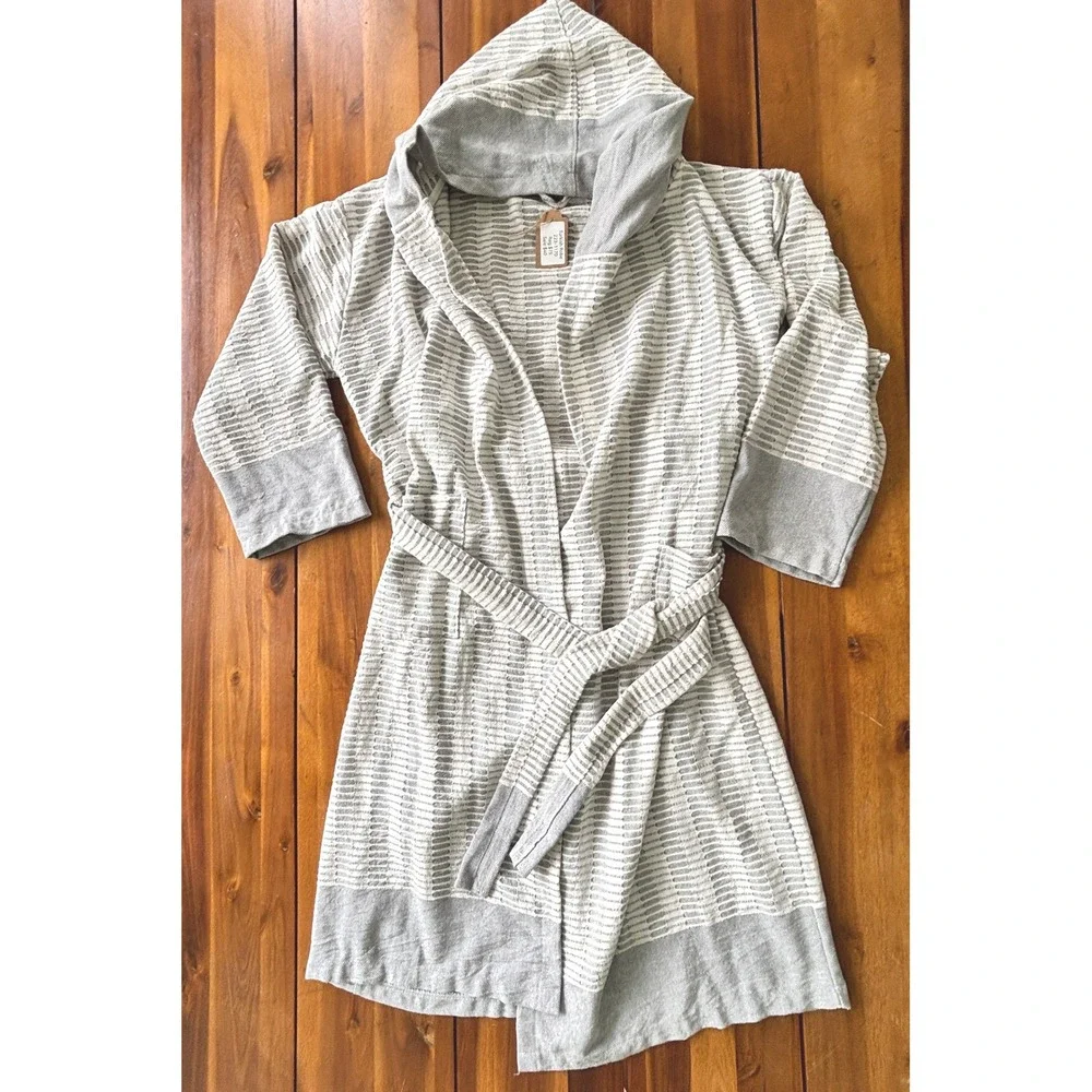 Turkish Cotton Hooded Robe L/XL Gray Stripe Belted Lightweight Spa Bathrobe‎ NWT