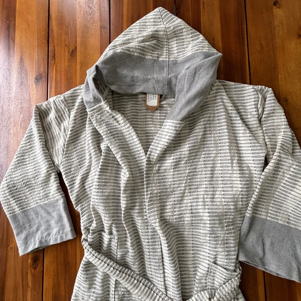 Turkish Cotton Hooded Robe L/XL Gray Stripe Belted Lightweight Spa Bathrobe‎ NWT