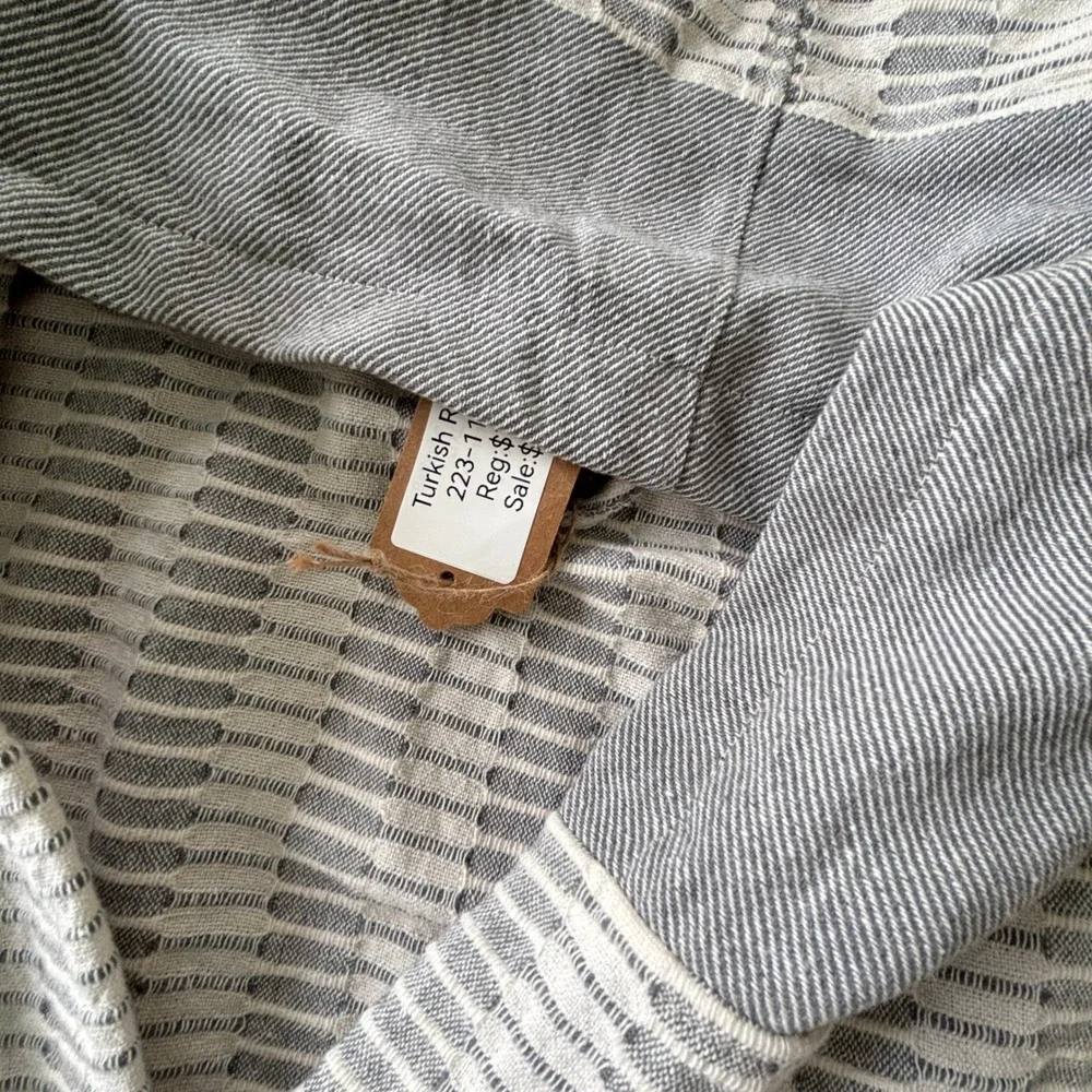 Turkish Cotton Hooded Robe L/XL Gray Stripe Belted Lightweight Spa Bathrobe‎ NWT