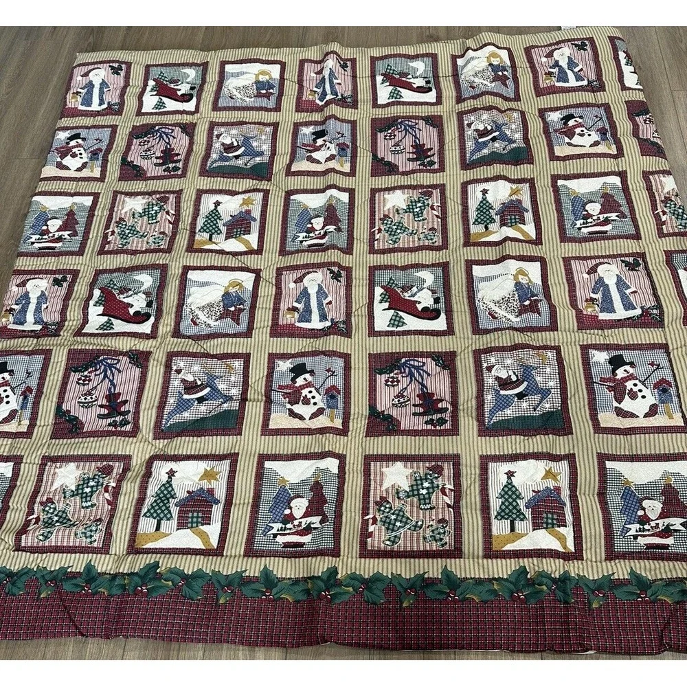 Vintage‎ Christmas Queen Bedspread Santa Claus, Christmas Trees, Snowman NEW