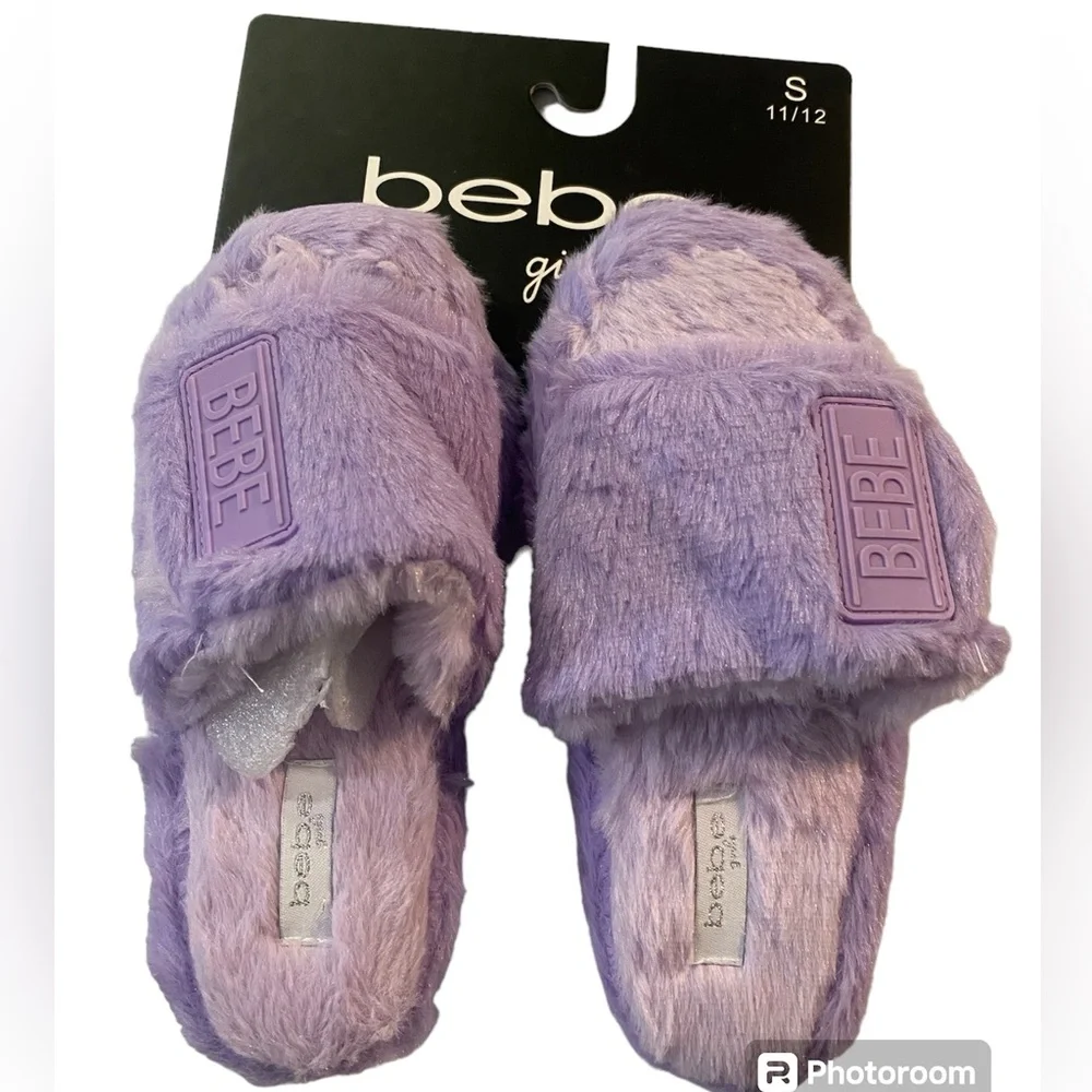 Bebe Girls Purple‎ Faux Fur Slides Slippers Logo Patch Size 11/12 NEW