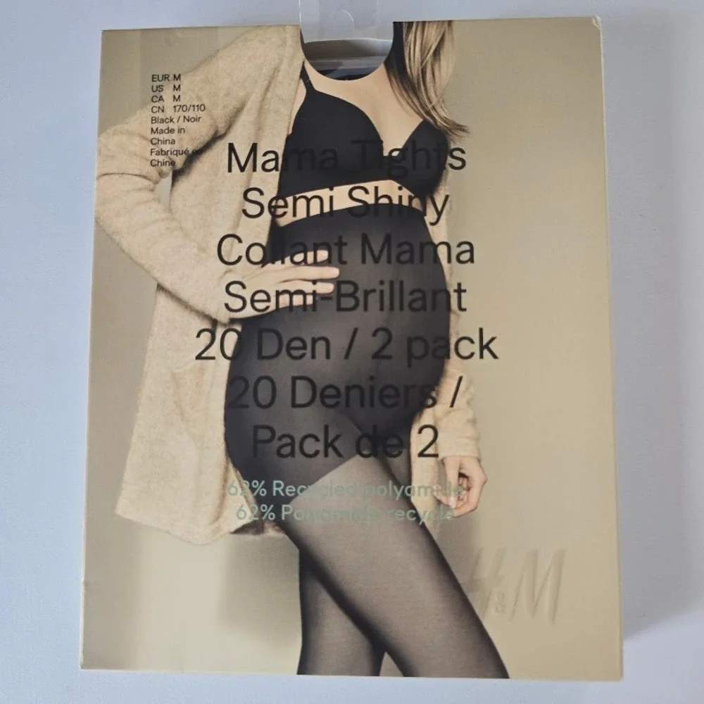 H&M Mama Tights Black Semi Shiny 2-Pack Women M Maternity Hosiery Invisible Toe‎
