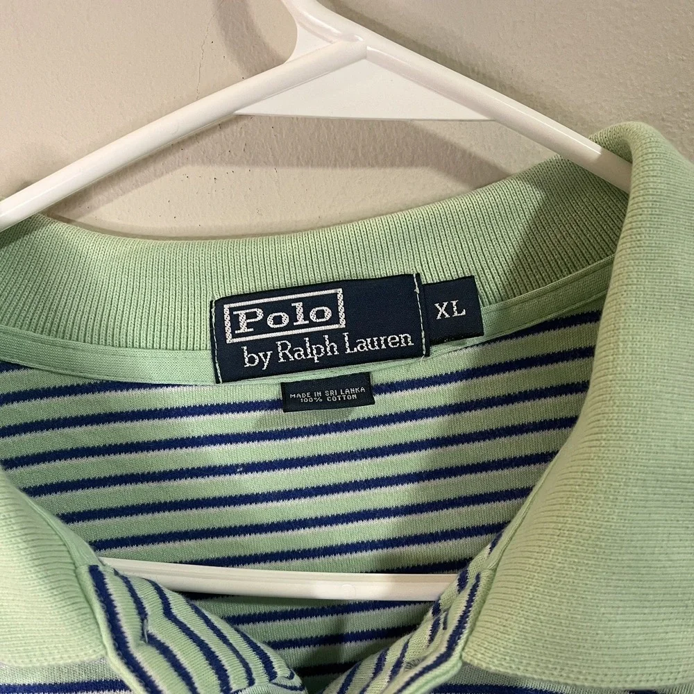 Polo Ralph Lauren T-Shirt Collar Blue‎ Green Striped Men Sz XL Horse Logo