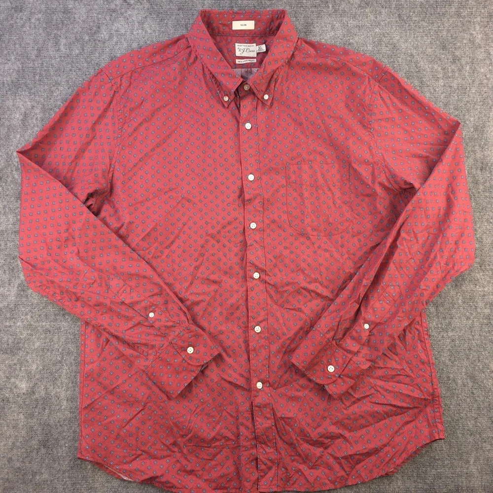 J Crew Secret Wash Shirt XL Slim Fit Red Geometric 100s 2 Ply Long Sleeve Button
