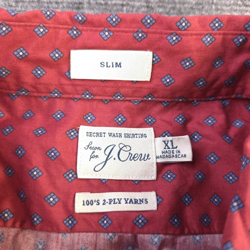 J Crew Secret Wash Shirt XL Slim Fit Red Geometric 100s 2 Ply Long Sleeve Button