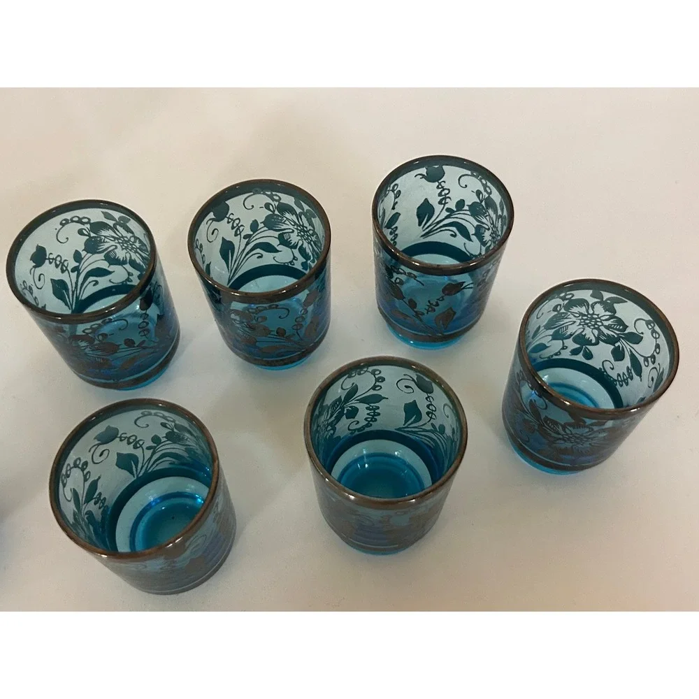 Vintage Murano Blue Art Glass Decanter 6 Shot Glasses Set Floral MCM