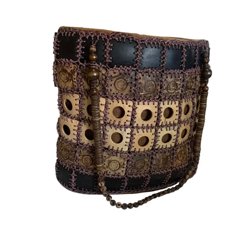 Handcrafted Boho Patchwork Shoulder Bag Beaded Straps & Unique‎ Coconut Shells