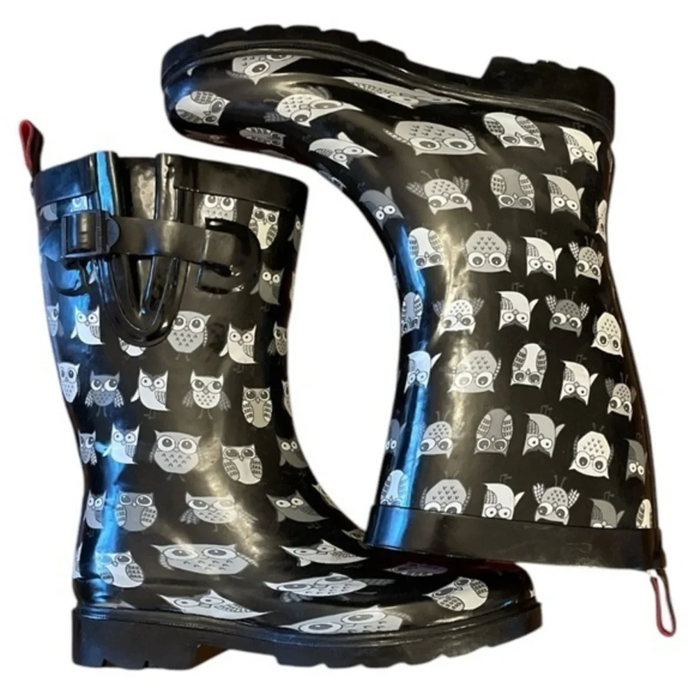 Capelli of New York Women’s Owl Graphic Rain‎ Boots Black White Sz 6 Whimsigoth
