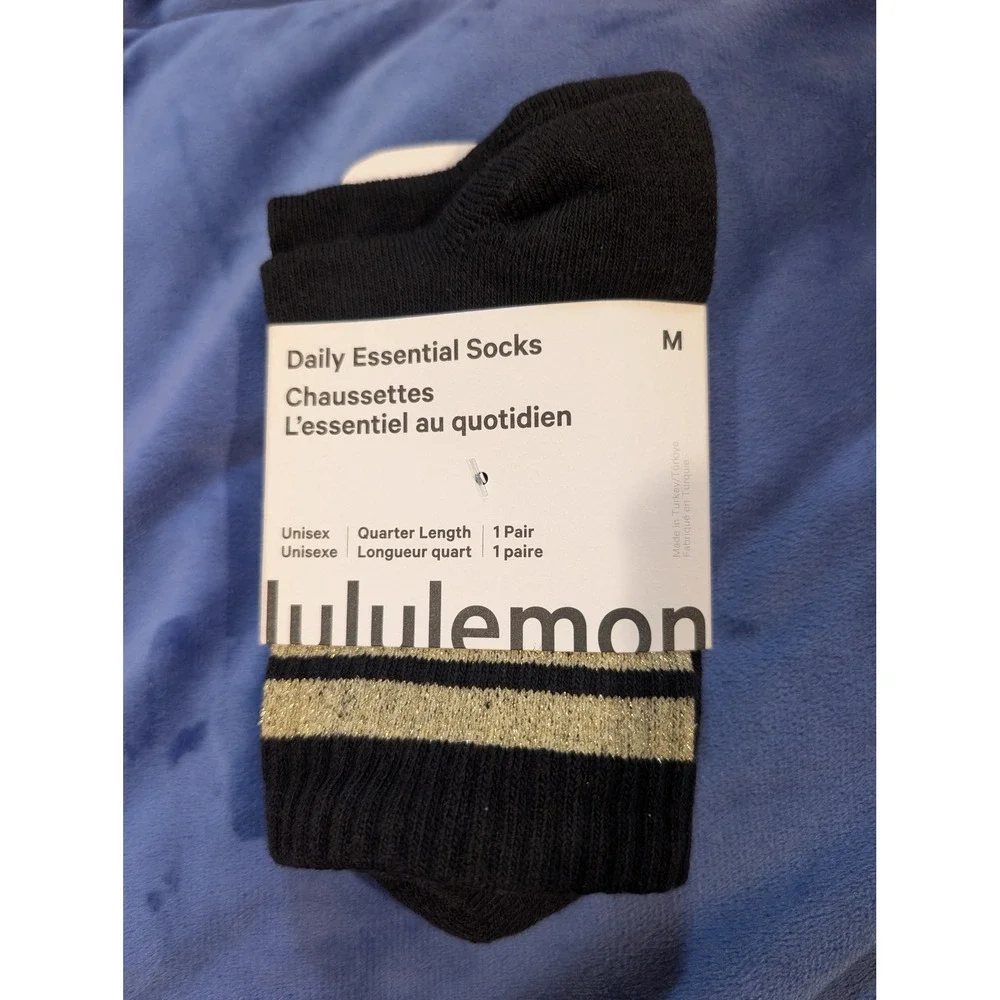 Lululemon Daily Essential Socks‎ Black Gold Quarter Length Striped NWT - Size M
