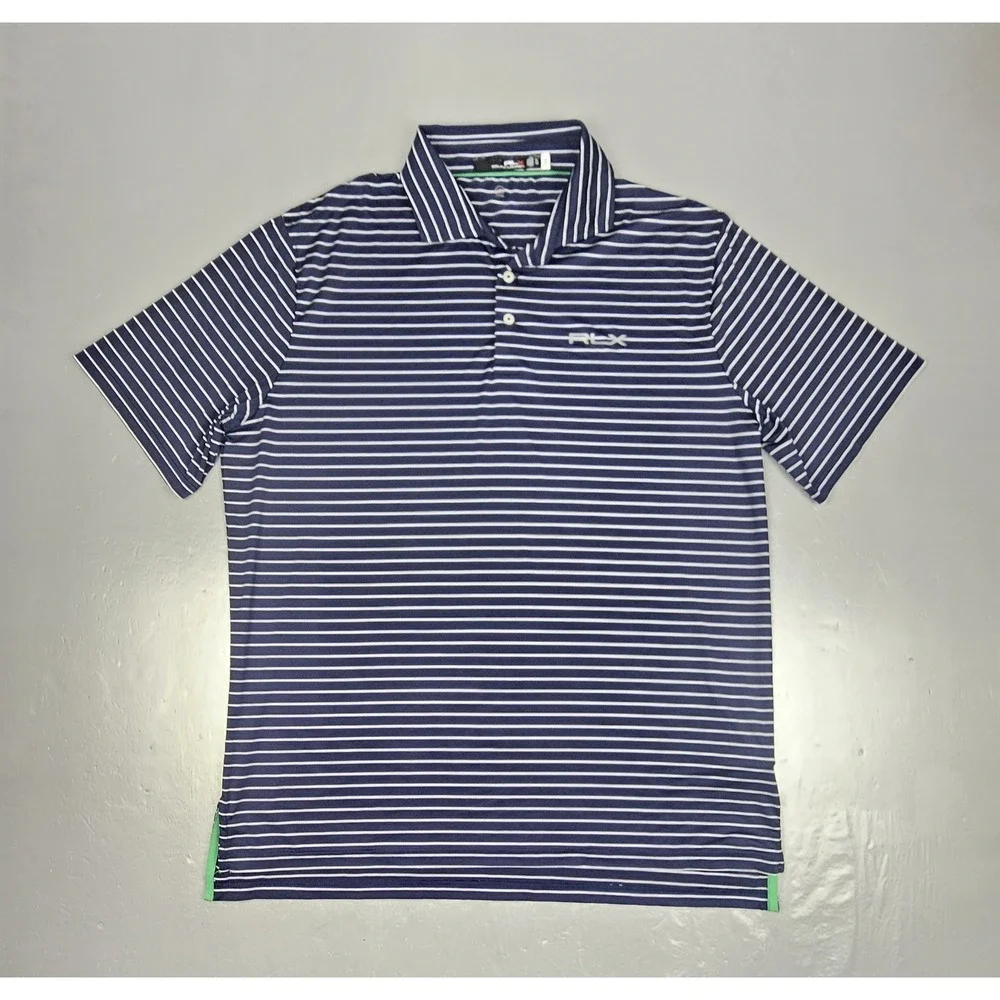 Rlx‎ Ralph Lauren Polo Golf Shirt Mens XL Blue White Striped ShortSleeve