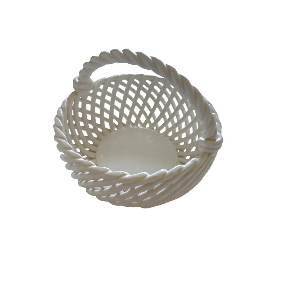 Vintage White Ceramic Lattice Basket Woven Openwork Twisted Handle Decor