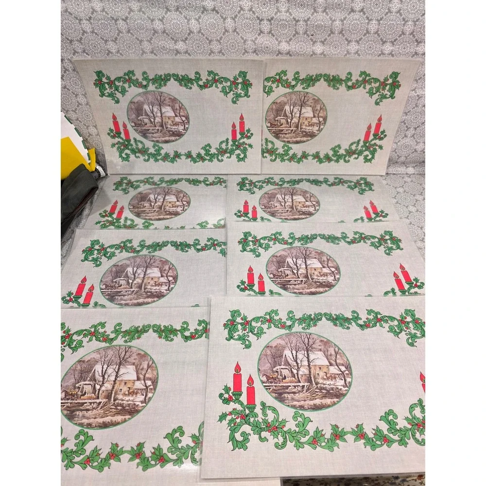 8 Vintage Christmas Placemats Winter Scene Holly‎ Candle Decor Currier & Ives