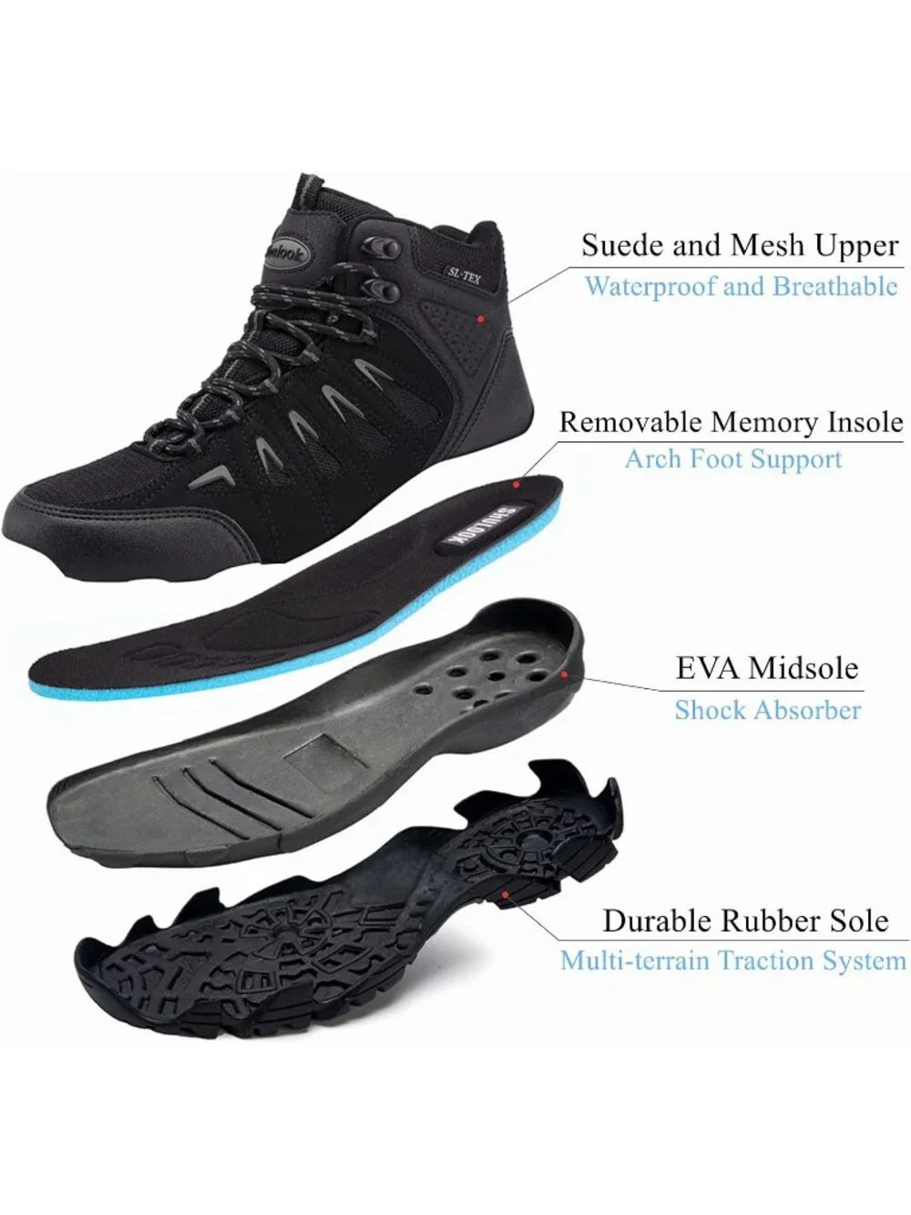 Men's Black Grey Waterproof Shoes Casual Mid Top Round Toe Non Slip Hiking Boots