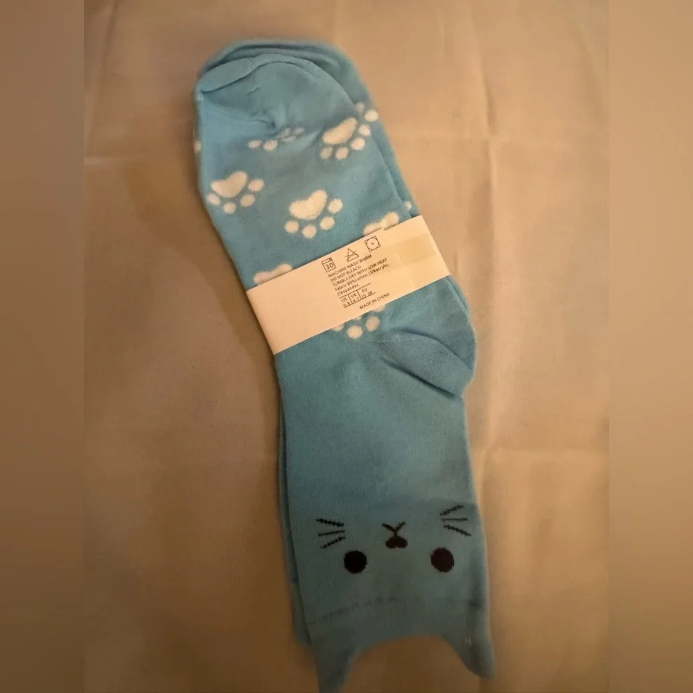 PAWSitivity MEOW 😻 Blue Cat face with ears Paw Print fashion Socks - NWT