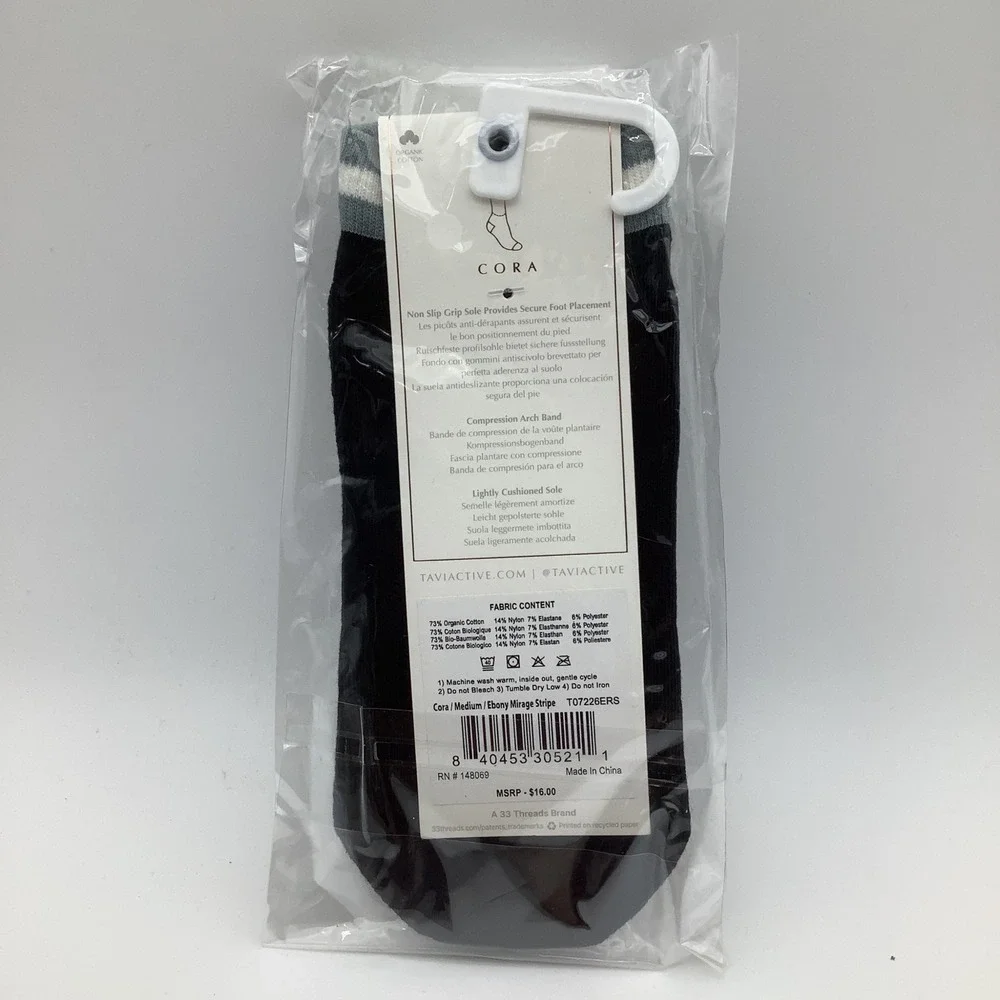 Tavi Grip Cora Socks Ebony Mirage Stripe Black Pilates Yoga Size Medium NWT‎