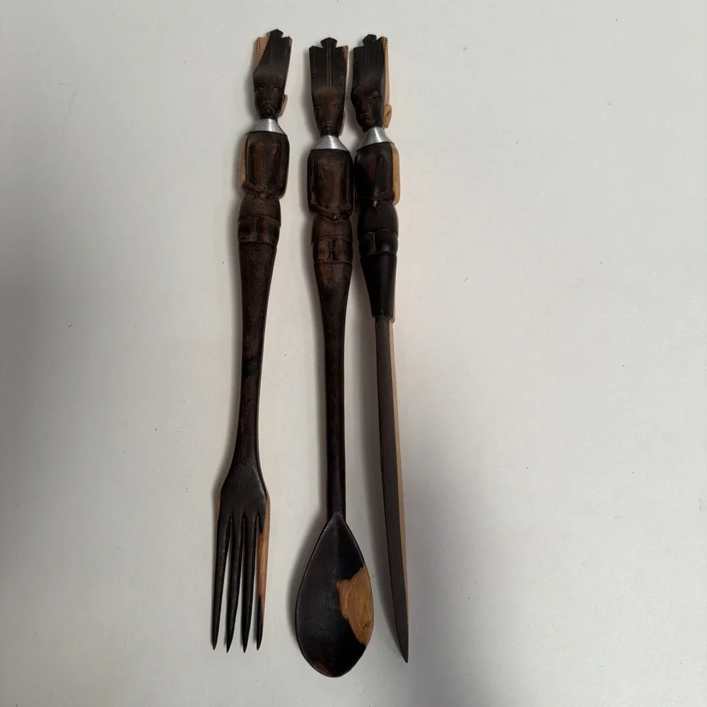 Vintage Wooden Hand-carved Tribal African‎ Spoon, Fork And Knife Art Deco 16