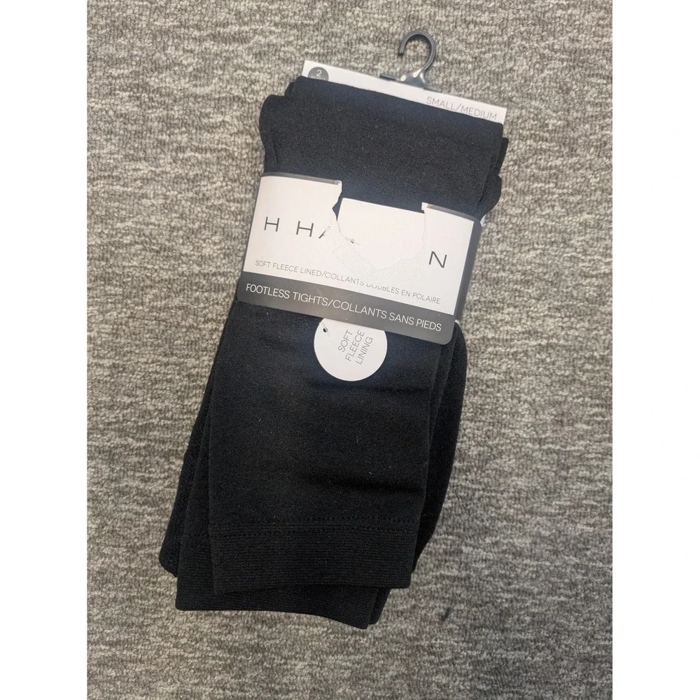 H. Halston Womens 2 Pack‎ Black Fleece Lined Footless Tights S/M