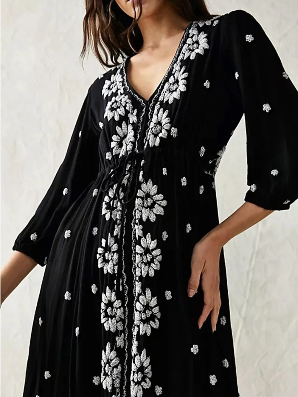 Free People Fable Embroidered Peasant Boho Midi Dress White Floral Embroidery, M