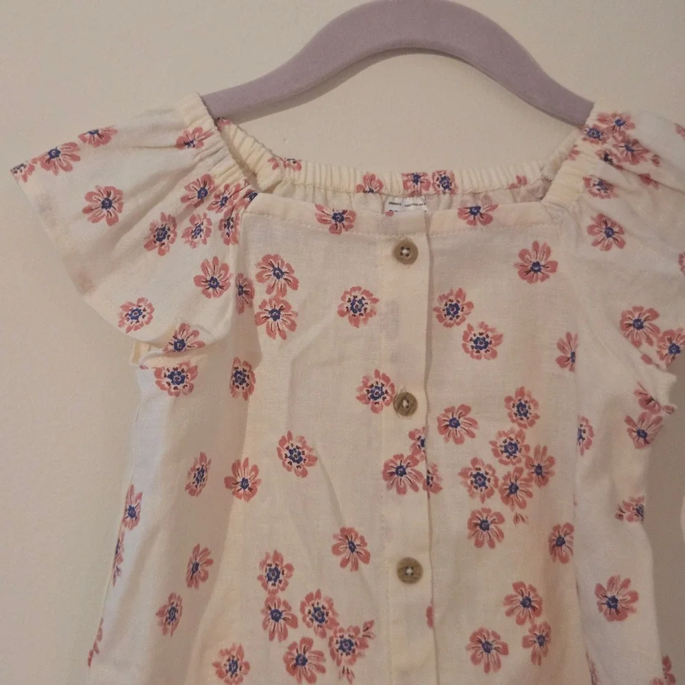 Carters Toddler Girl Floral Linen Blend Button Front Flutter Sleeve Top 2T Cream