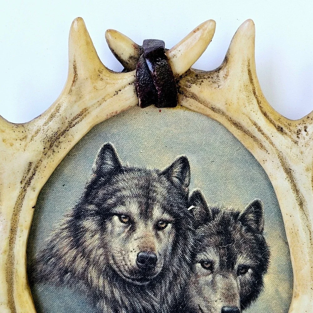Rustic Western Wolf Antler Horn Photo Picture Frame Resin Leather Accents M537.1