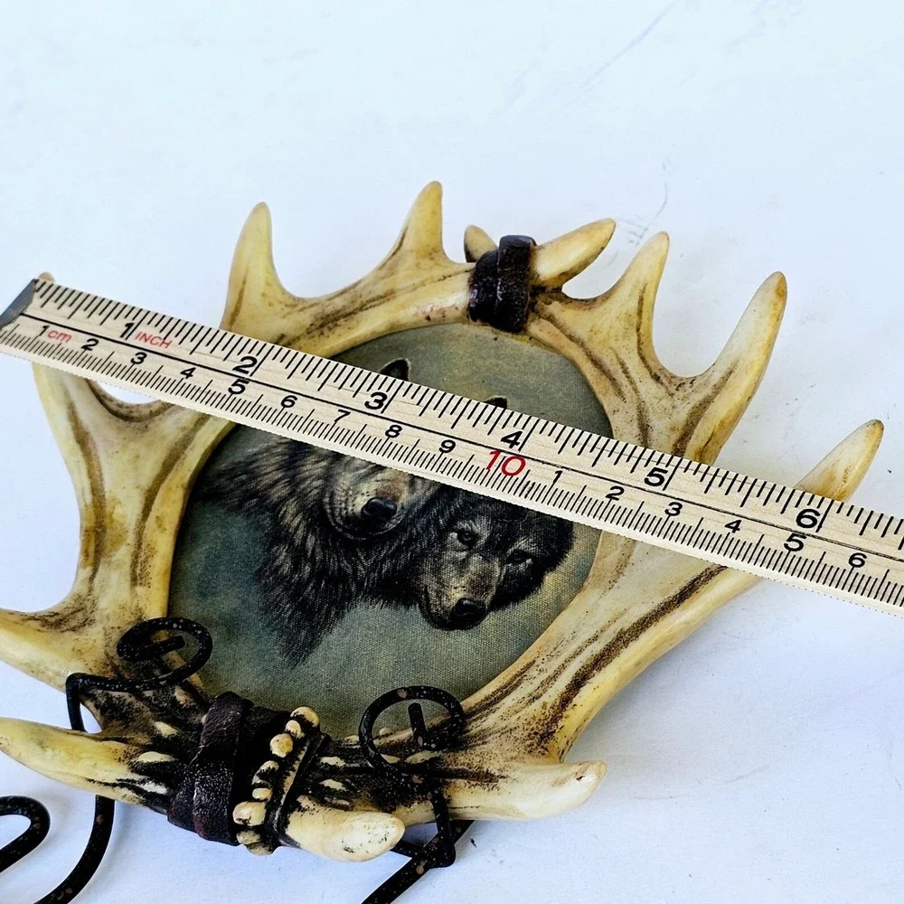 Rustic Western Wolf Antler Horn Photo Picture Frame Resin Leather Accents M537.1
