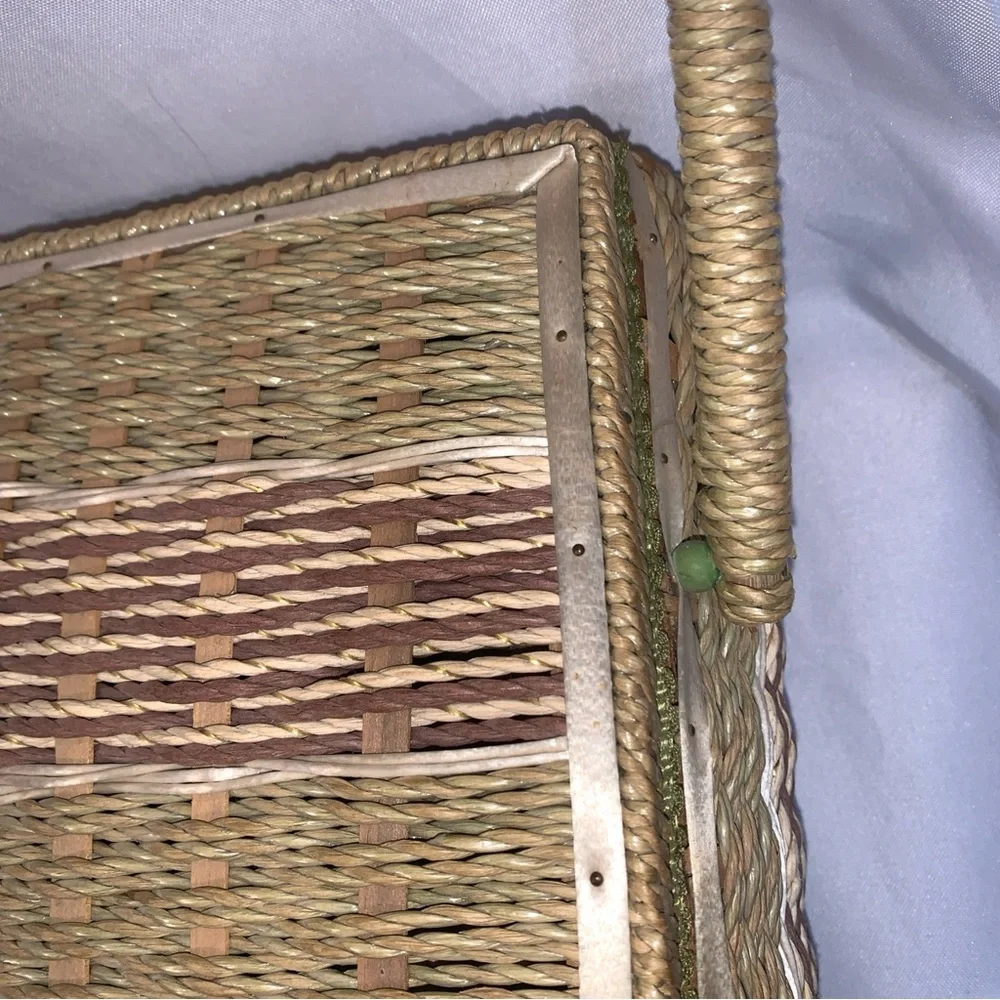 Dritz Wicker Sewing Embroidery Woven Straw Basket with Handle 1960s Green Lining