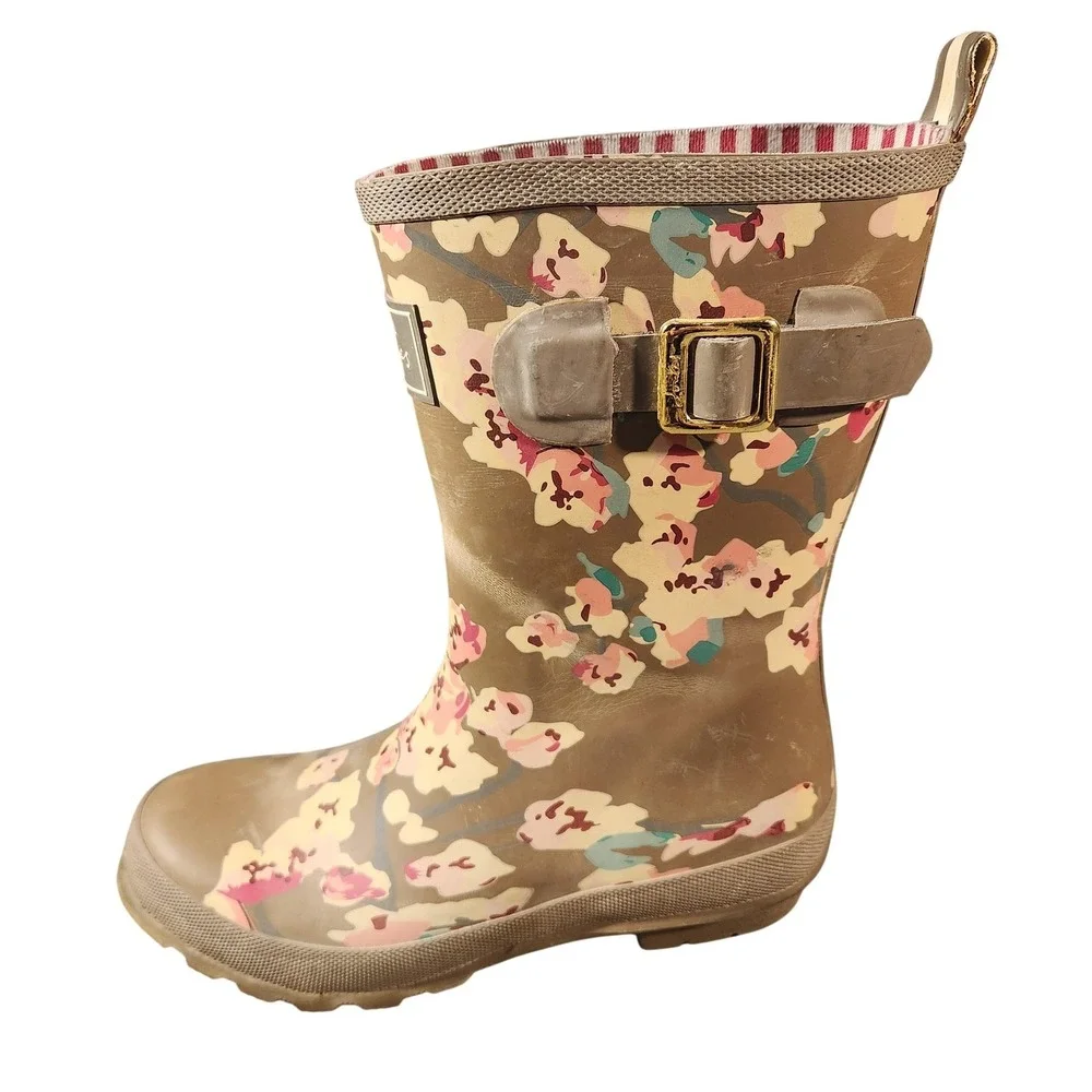 Joules‎ Rain Boots Womens Size 7 Brown Floral Mollywelly Rubber Wellies EU 38