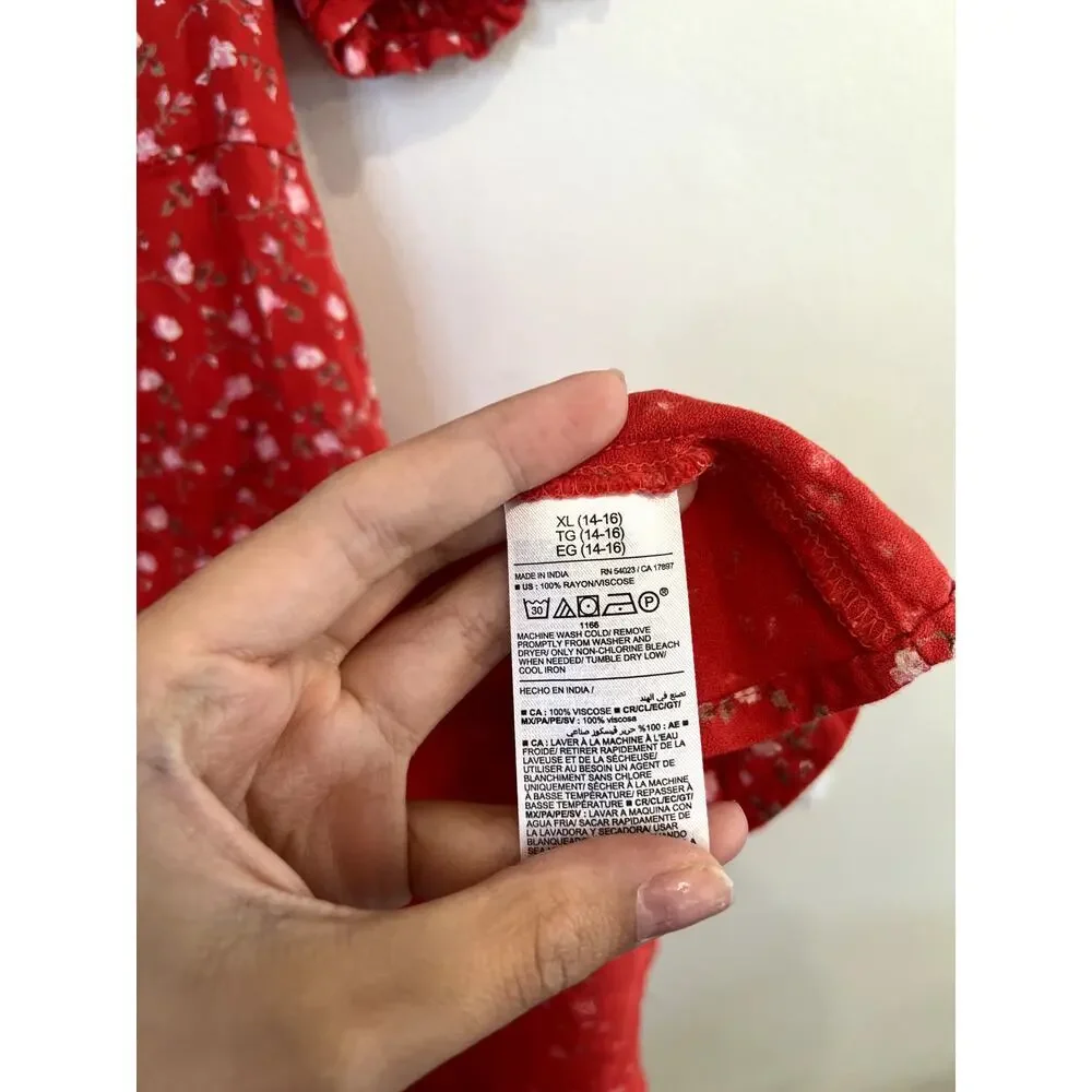 Old Navy Red Floral Puff Sleeve Mini Dress Girls XL 14/16 Cottagecore