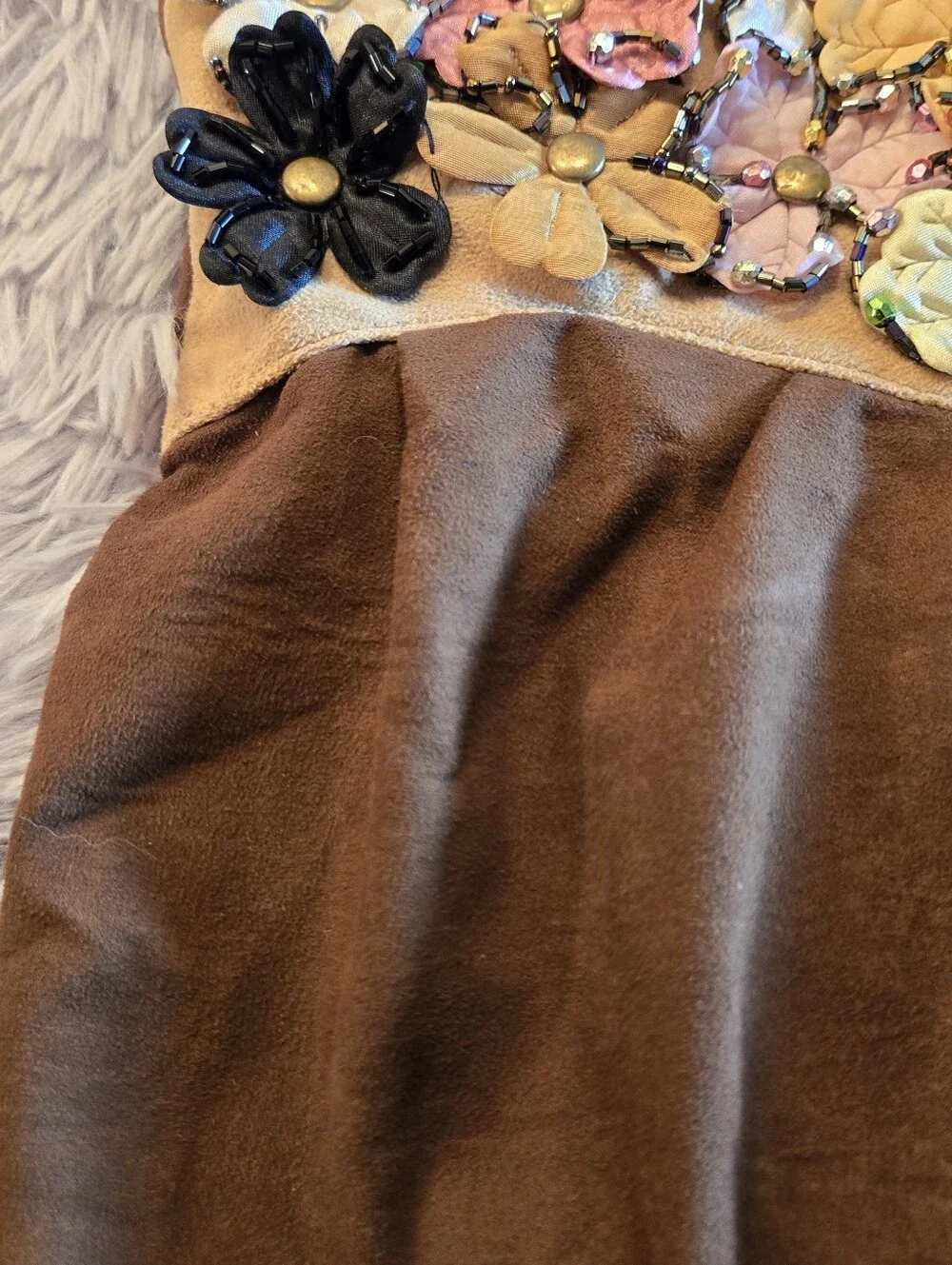 Suede Type Brown Boho bag with Floral Embellishments