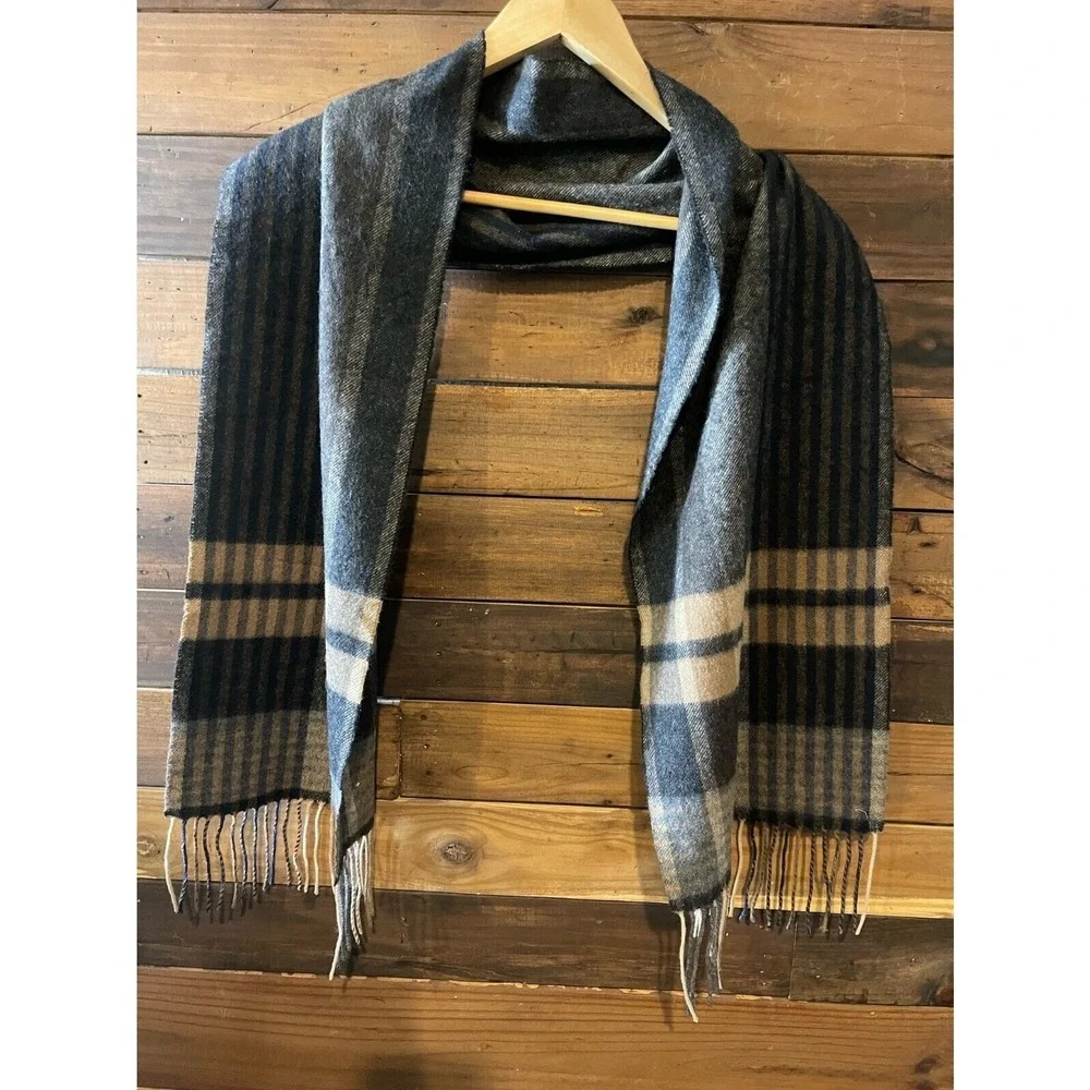 100% Cashmere Club Room‎ Plaid Scarf Black Brown Tan Fringed Soft Warm Luxury