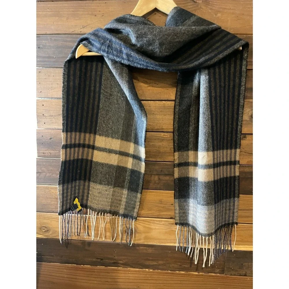 100% Cashmere Club Room‎ Plaid Scarf Black Brown Tan Fringed Soft Warm Luxury