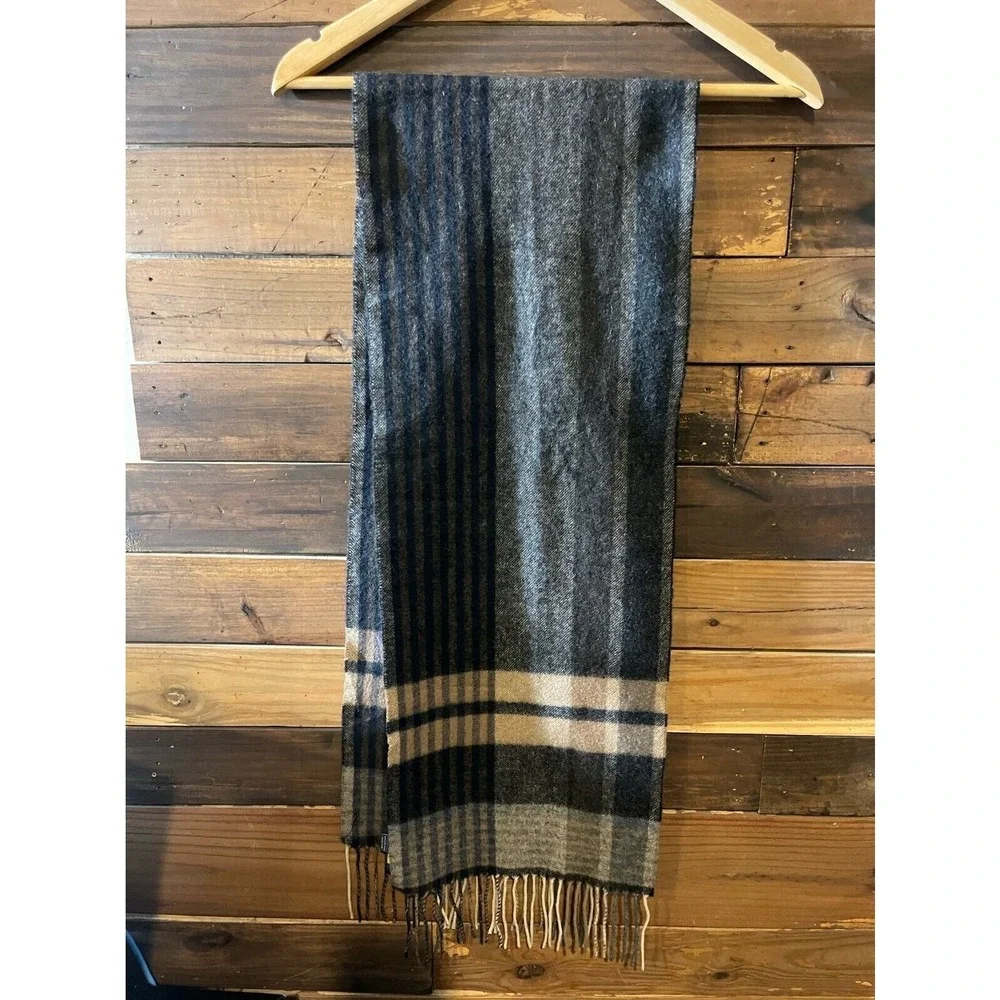 100% Cashmere Club Room‎ Plaid Scarf Black Brown Tan Fringed Soft Warm Luxury