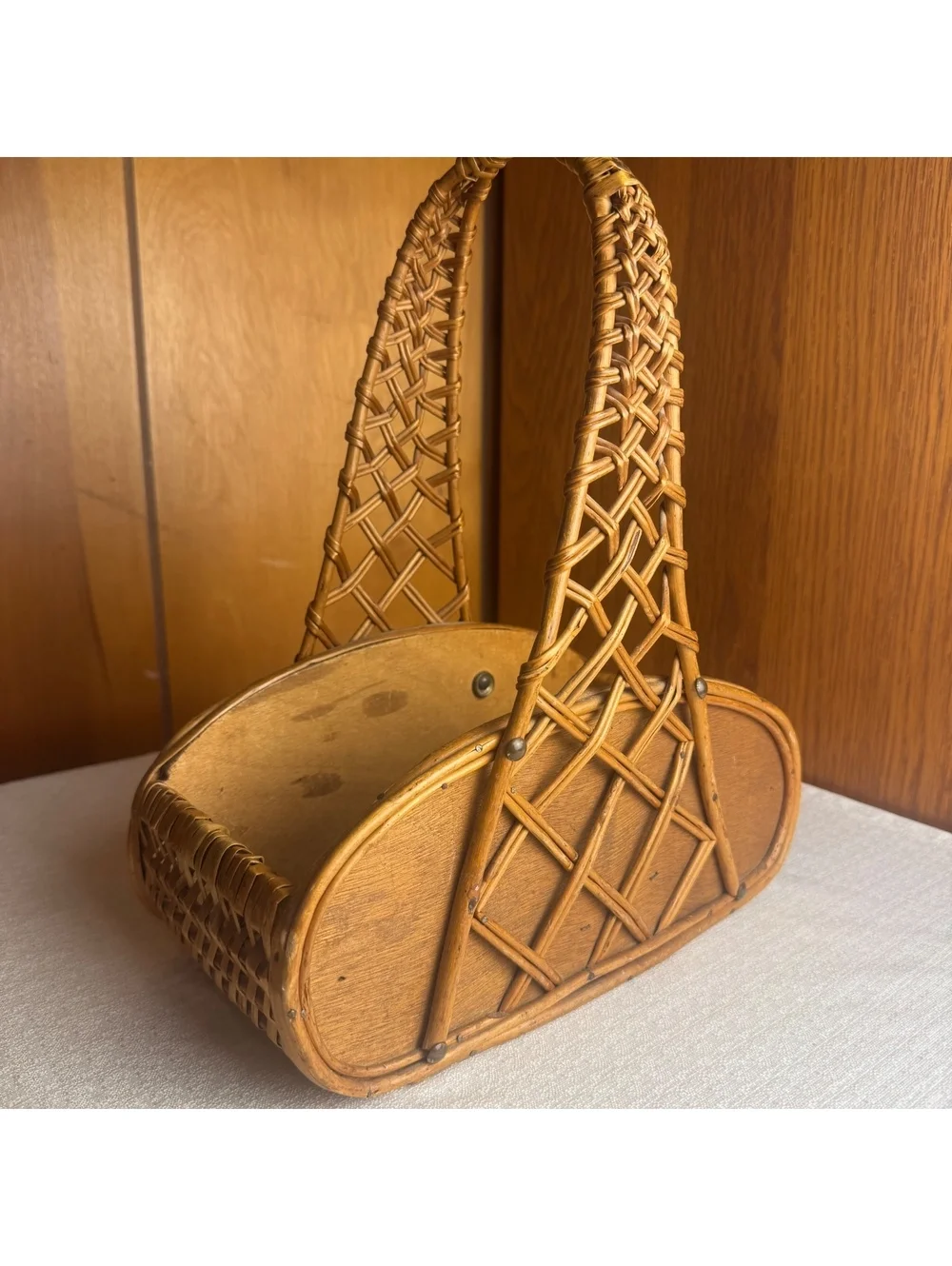 Vintage Woven Rattan Basket With Arched Handle – Boho Storage & Display Basket
