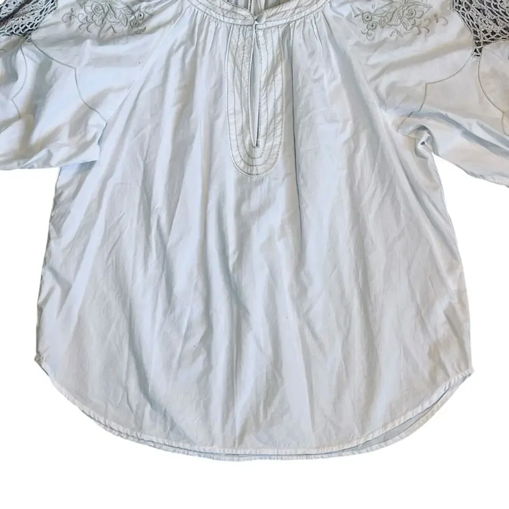 Anthropologie Women’s Sz S Ivory Crochet Blouse Short Puff Sleeve Pullover