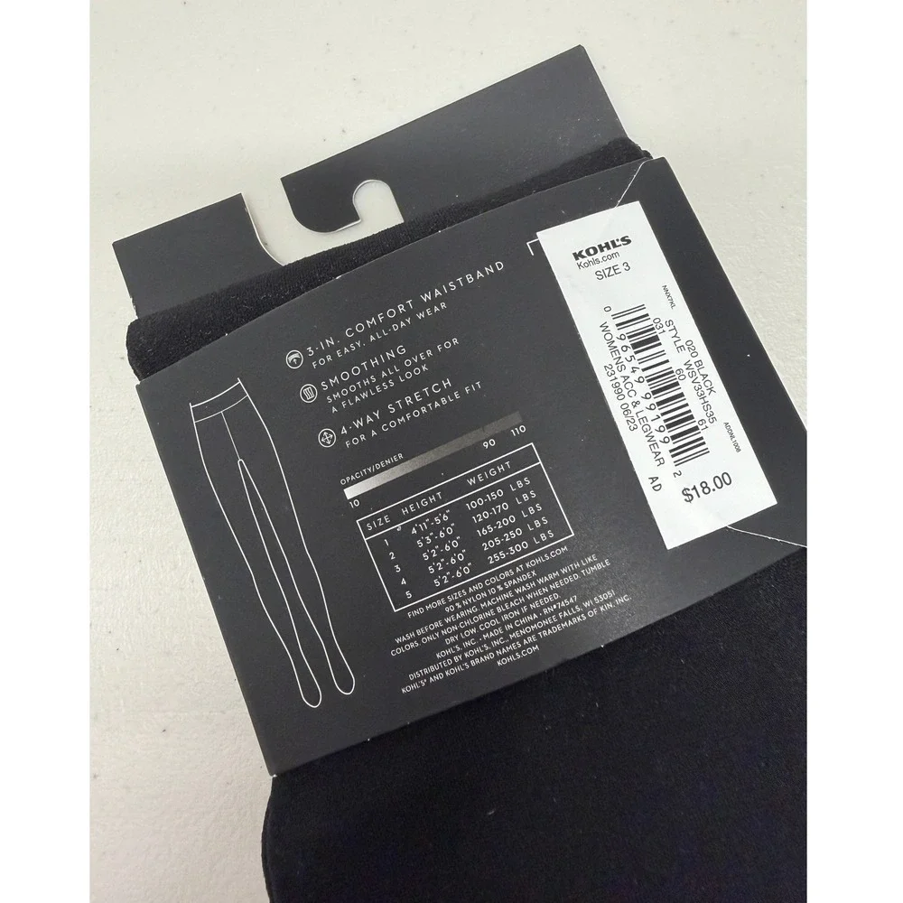 Simply Vera Wang Control Top Essential Tights Black 90 Denier Opaque Size 3
