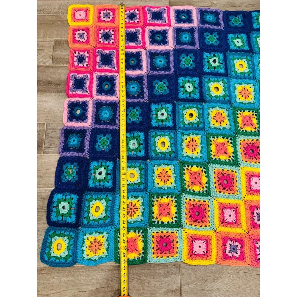 Handmade Crochet Granny Square Throw Blanket Rainbow Ombre Afghan 48x52 Boho