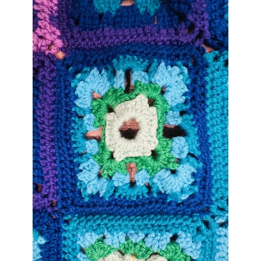 Handmade Crochet Granny Square Throw Blanket Rainbow Ombre Afghan 48x52 Boho