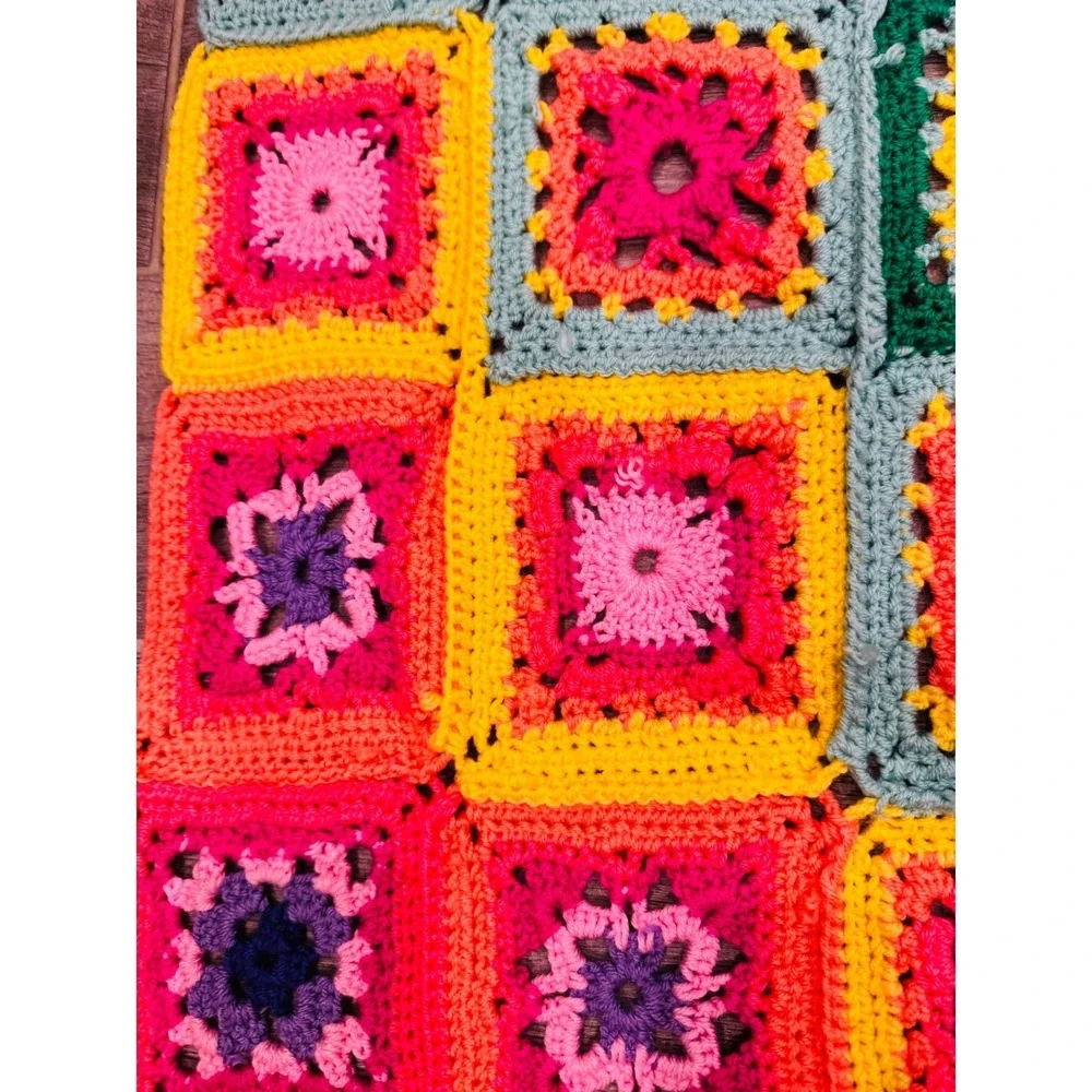 Handmade Crochet Granny Square Throw Blanket Rainbow Ombre Afghan 48x52 Boho