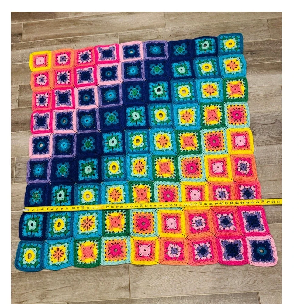 Handmade Crochet Granny Square Throw Blanket Rainbow Ombre Afghan 48x52 Boho