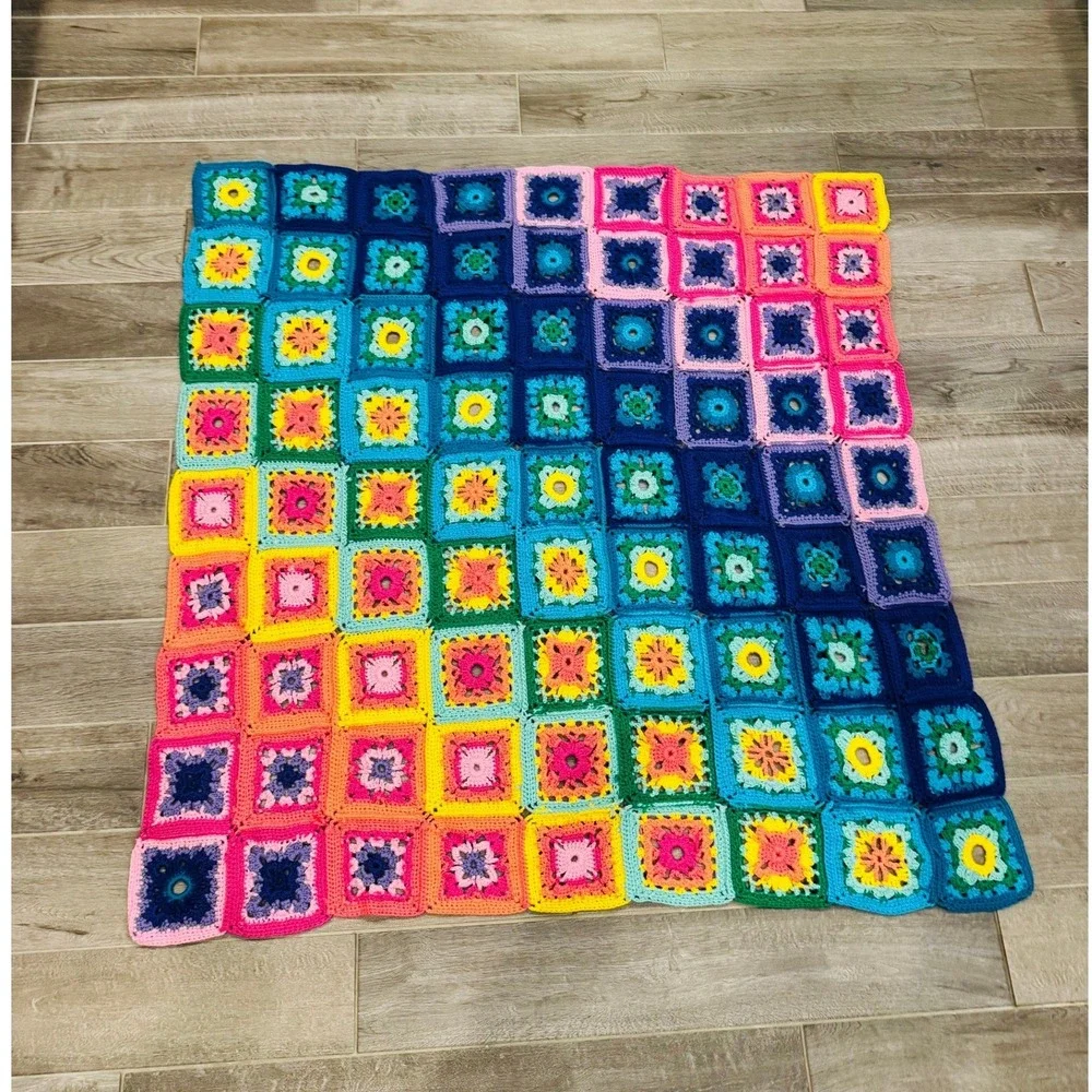 Handmade Crochet Granny Square Throw Blanket Rainbow Ombre Afghan 48x52 Boho