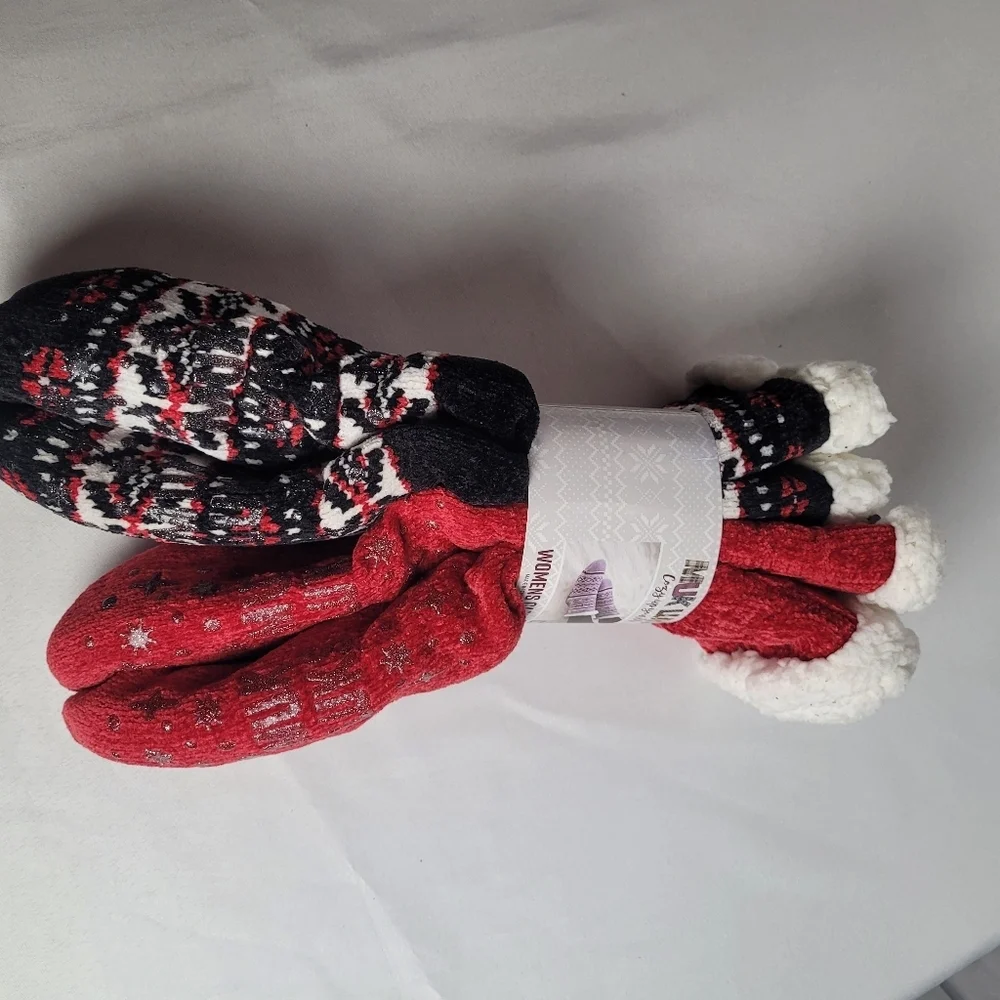 Muk Luks Women's Winter Cabin Socks 2 Pair Pack New Red Black Lined