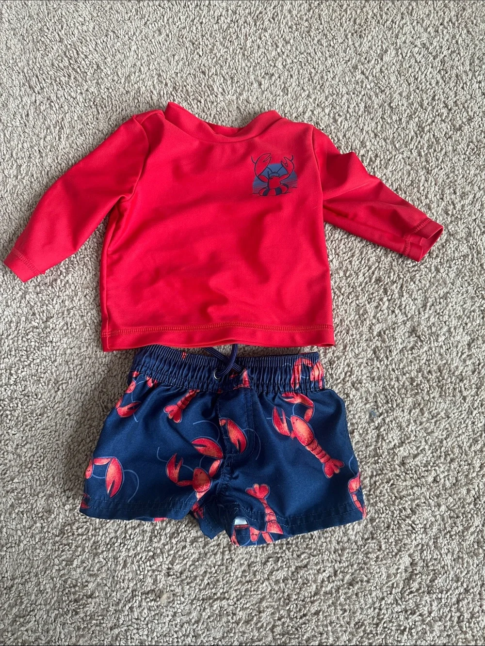 Red Swim Top & Navy Lobster Swim Shorts Set