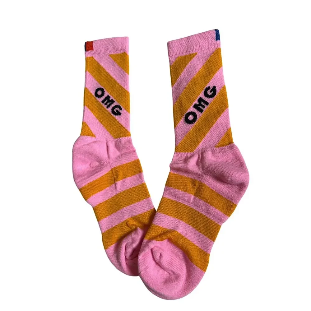 OMG Novelty Crew Socks Pink Orange Stripe , MED