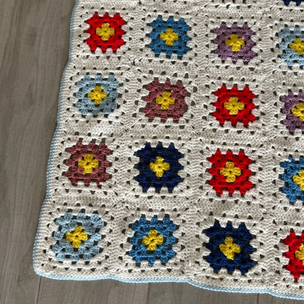 Handmade Crochet Granny Square Baby Blanket MultiColor White 24x36 Nursery Throw