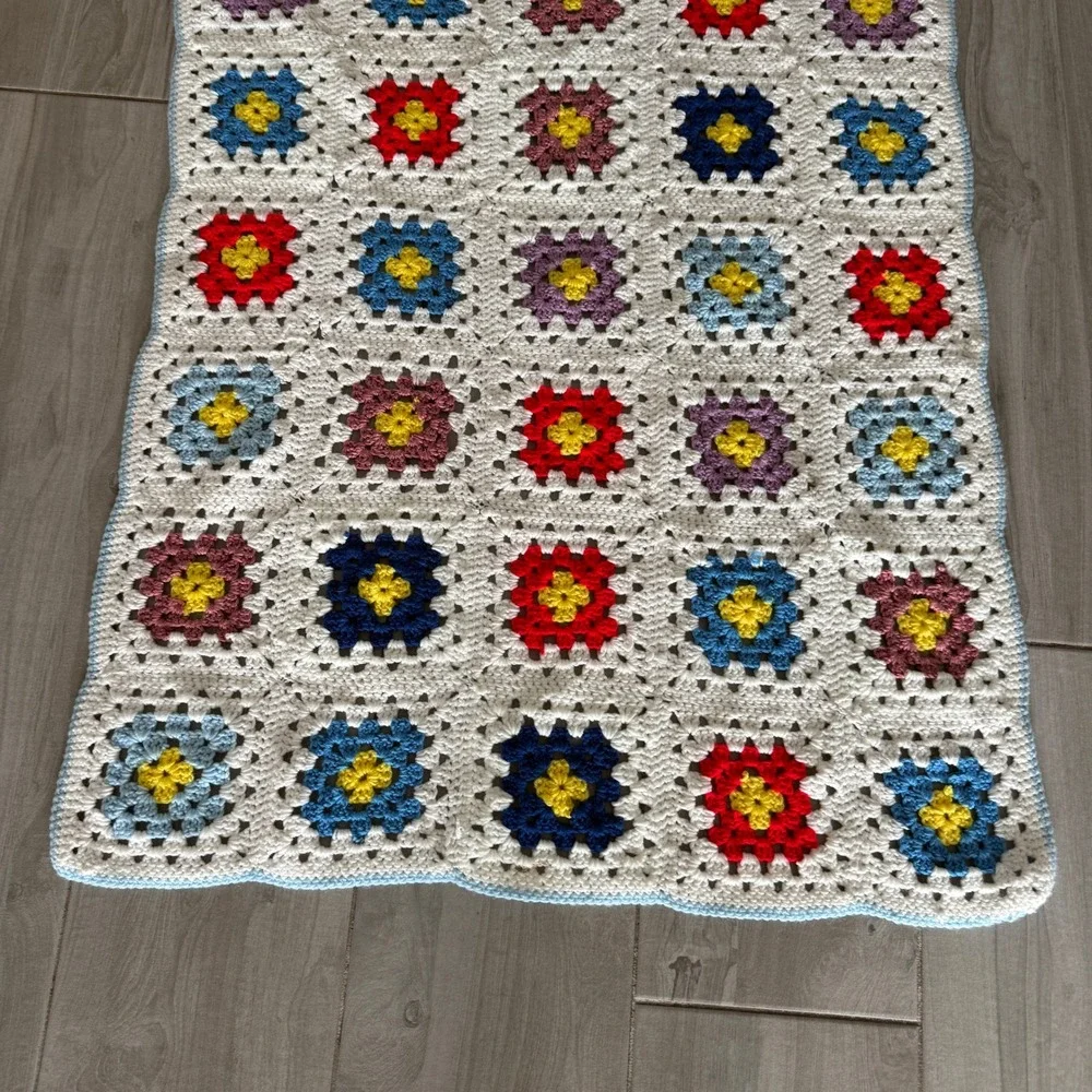 Handmade Crochet Granny Square Baby Blanket MultiColor White 24x36 Nursery Throw